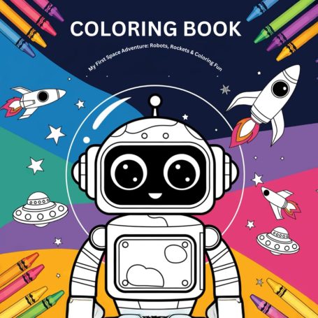 Roboter auf buntem Hintergrund mit Weltraummotiven und QR-Code für Ausmalseiten.