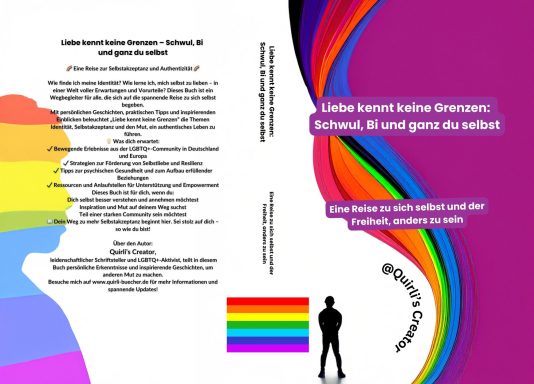 Buchcover mit Regenbogenfarben und Silhouette, Themen von Identität und Akzeptanz.