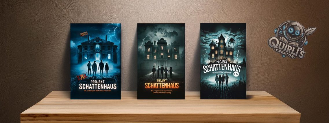 Drei Bücher mit blauen und schwarzen Cover-Designs auf einem Tisch vor neutralem Hintergrund.