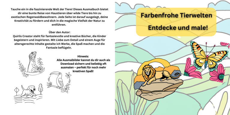 Bunte Illustrationen von Tieren in einer naturnahen Umgebung mit Schmetterlingen.