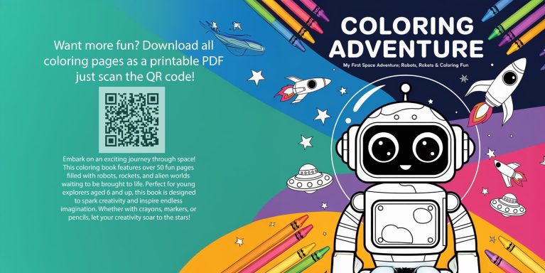 Roboter auf buntem Hintergrund mit Weltraummotiven und QR-Code für Ausmalseiten.